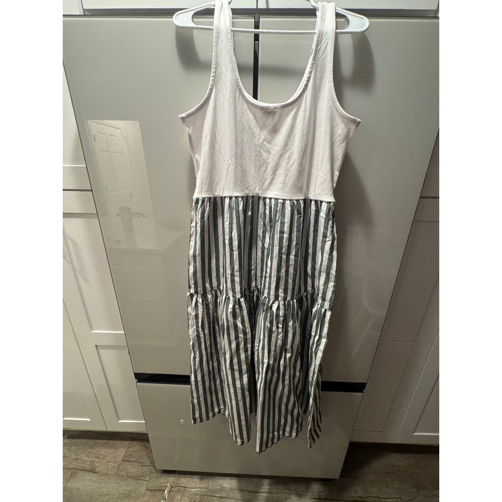 J.Crew Womens Tiered Striped Mixed Media Midi Dress White Green Sleeveless L - Picture 3 of 4